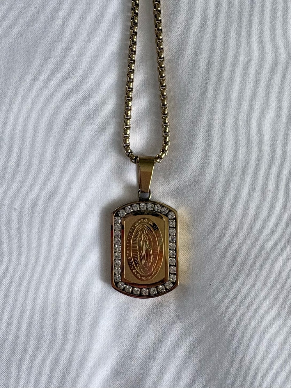 Buckle Gold-Tone Virgin Mary Medallion Necklace with Crystal Border